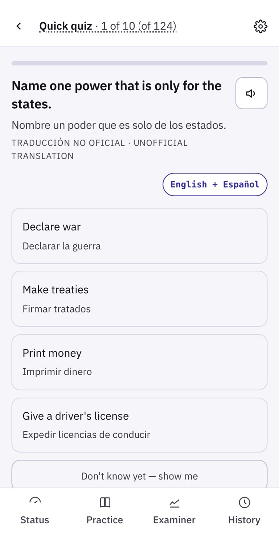 A US civics question in English with the Spanish translation underneath, marked unofficial.