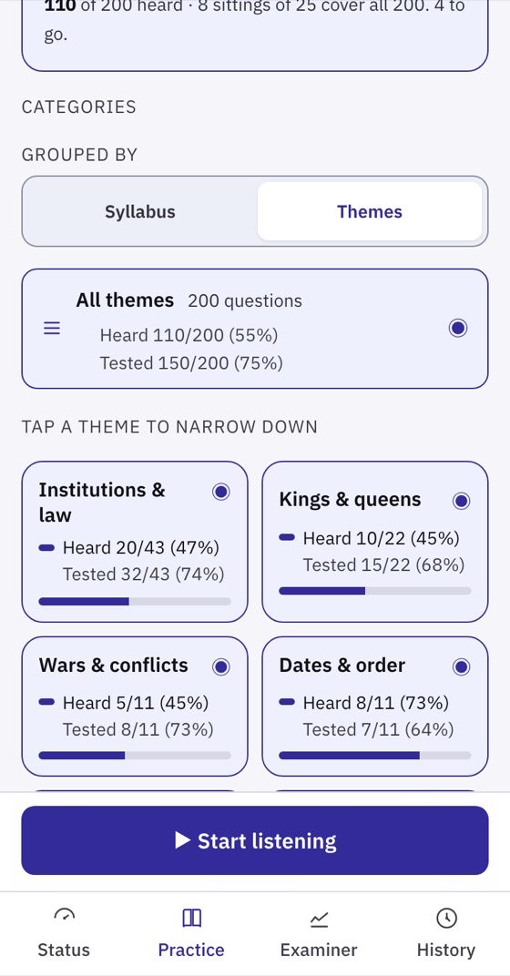 Listen screen with theme cards, each showing heard and tested counts and a heard bar.