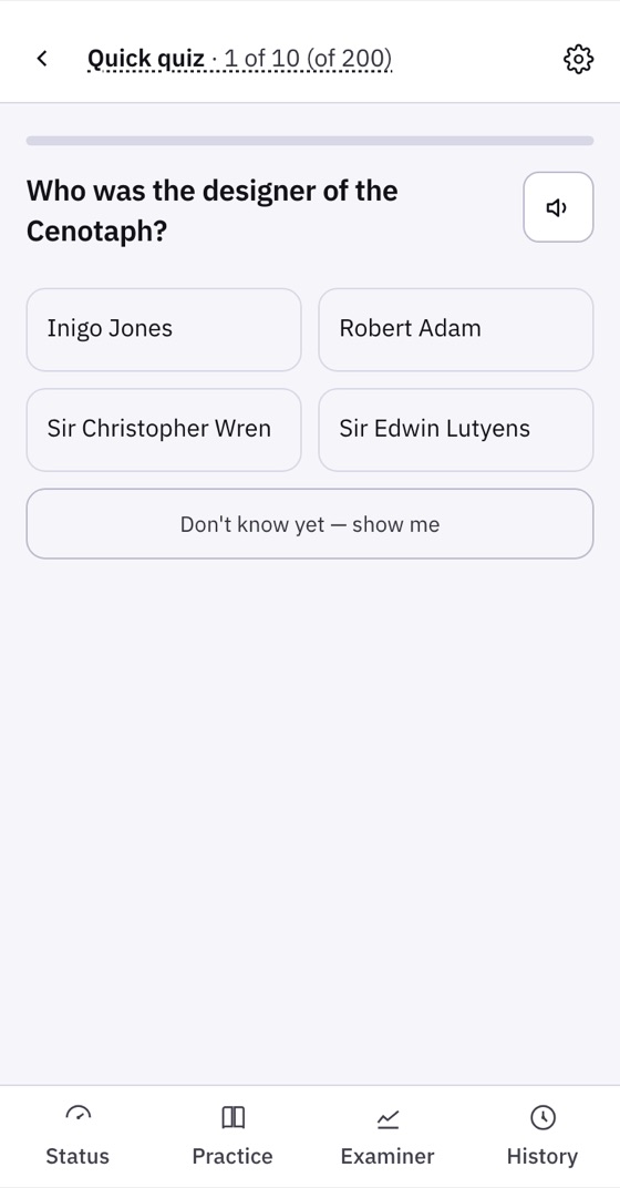 A quiz question with four answers and a Don't know yet, show me button.