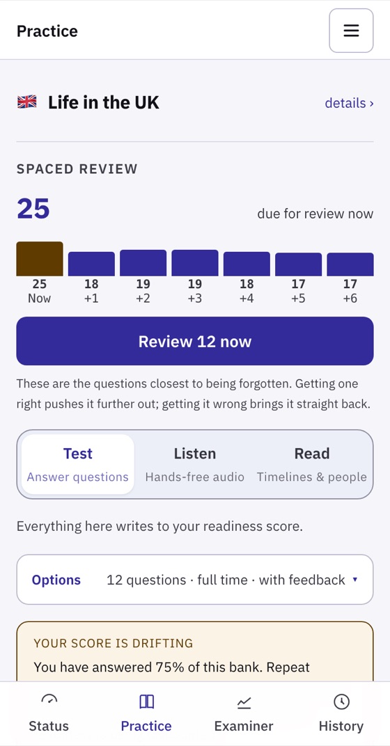 Practice screen with spaced review: 25 questions due now, a seven-day forecast, and a Review 12 now button.